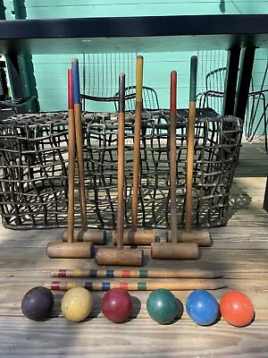 Vintage Croquet Set Wooden Mallets Balls Stakes Outdoor Lawn Yard Game • $85