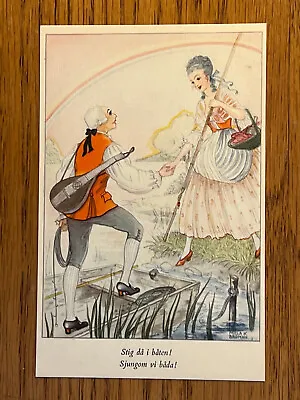 A/S Signed Mela Koehler Broman Man & Woman Go Fishing Ca 1940 • $14.69