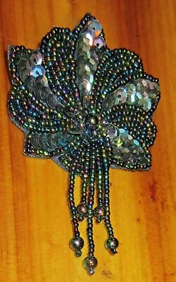 £11.79 • Buy Vtg IRIDESCENT BEAD & SEQUINS Silver Tone Pin Brooch Drop On Black Faux Leather