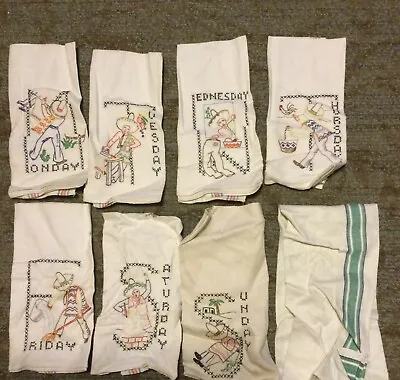 Vintage Lot Embroidered Dish Towels  Days Of The Week Spanish • $49