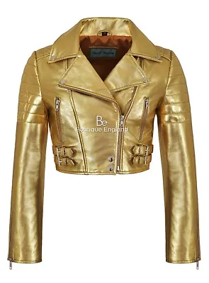 £98.99 • Buy Ladies Biker Metallic Leather Jacket Cropped Short Body Style Real Lambskin 5625