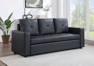 73  Modern Living Room Black PU Leather Tufted Sleeper Sofa With Pullout Bed • $563.17