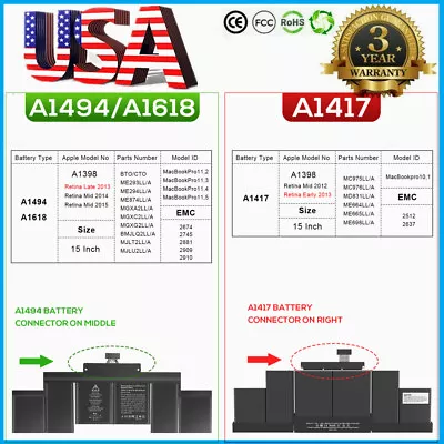 A1417丨A1618 Battery For Apple Macbook Pro 15’’ A1398 Early 2012 Late 2014 2015 • $33.69