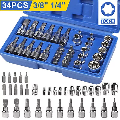 10/34 Pcs Torx Star Female Socket Bit Set 1/2  3/8  1/4  Drive E&T With Case • $19.59