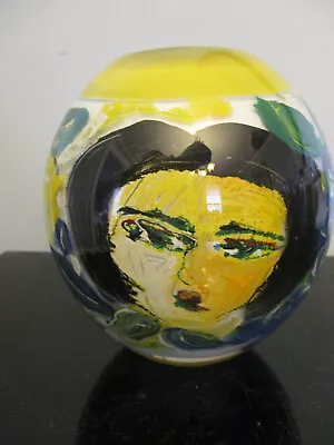 Vintage Studio POP Art Glass Cased Hand Painted Face Fruits 6  Vase Signed Dated • $275