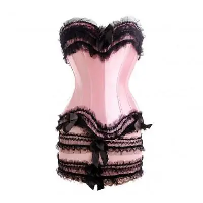 Women Pink Satin Black Frill Moulin Rouge Waist Trainer Costume Overbust Dress • $95.51