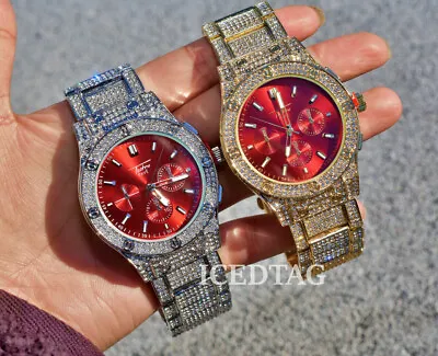 Men's Watch Relojes Hombre Luxury Lab Diamond Bling Red Hot Dial Metal Strap • $29.99