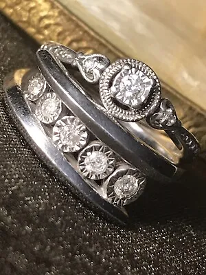 Estate Vintage Diamond 925 Sterling Silver Wedding Engagement Ring Set SIZ 7 • $249