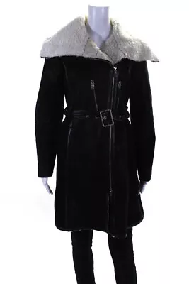 Vince Camuto Womens Suede Fur Trimmed Collared Buckled Zipped Coat Black Size S • $42.69