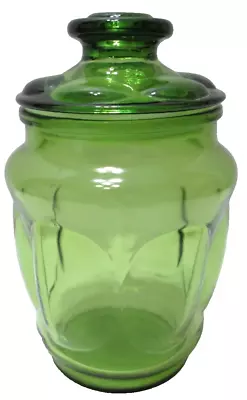 Vintage LE Smith Glass Canister Jar With Lid Oval Bubbles Green 7 3/4  Tall #2 • $29.99