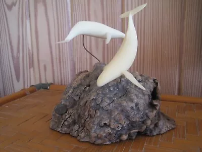 Vintage JOHN PERRY Cream Humpback Whales SCULPTURE Burl Wood With Plaque • $24