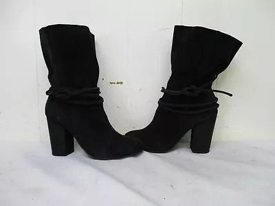 Ecote Black Suede Leather Tie Mid Calf High Heel Boots Womens Size 10 M • $24.95