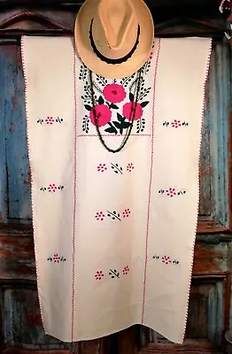 M/L Huipil Dress Hand Embroidered Pink Flowers Cotton Manta Oaxaca Mexico Boho • $75