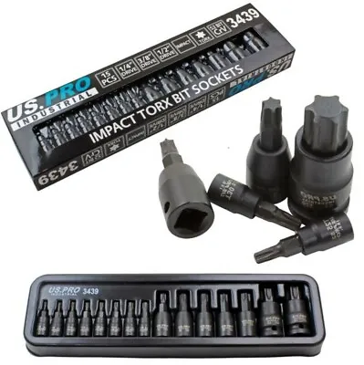 US PRO INDUSTRIAL IMPACT TORX BIT SOCKET SET 15pc T6 To T70 1/4  3/8  1/2  Drive • £14.95