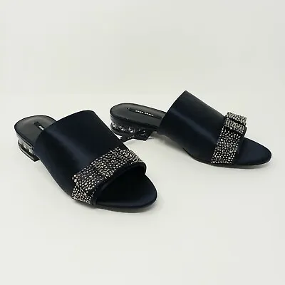 Zara Womens EU 35 US 5 Basic Navy Blue Satin Slides Sandals Rhinestone Heels New • $19.99