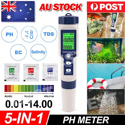 5 In1 PH Meter Digital TDS/EC/Salinity/Temperature Tester Pen Water Hydroponics • $23.95