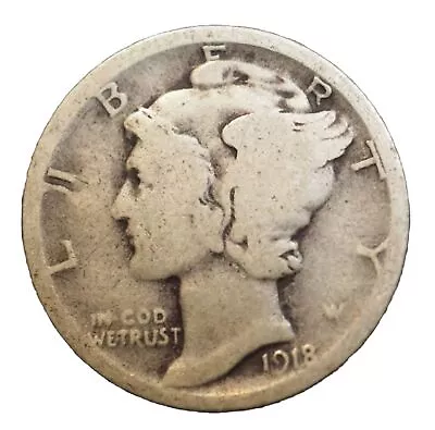 1918-S Mercury 90% Silver Dime Good +  BEST VALUE ON EBAY Free S&H W/Tracking • $6.99