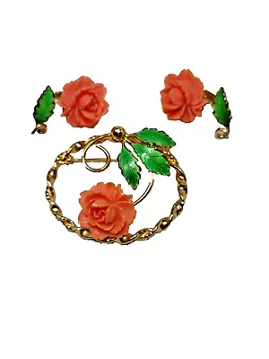 Coral Color Vintage Brooch And Clip Earring Set Celluloid Carved Rose & Enamel • $25.99