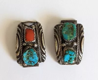 Old Pawn Navajo Sterling Silver Turquoise & Red Coral Matrix Wrist Watch Tips • $200