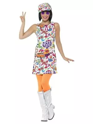 Adult Female 60s Groovy Hippie Chick Peace And Love Fancy Dress Party Costume • £17.99