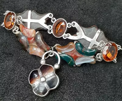 VICTORIAN SCOTTISH SILVER AGATE BRACELET With CAIRNGORM And AGATE PADLOCK 20cm • £675