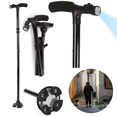 Foldable Walking Stick With Led Light Disability Aluminium Heavy Duty Cane Torch • £10.59