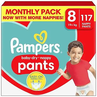 Pampers Baby Dry Size8 Diaper Pants 19+kg Stretchy Large Monthly Pack 117Nappies • £37.99