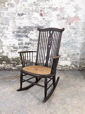 Vintage Early 20thC Spindle Back Rocking Chair Wheel Splat Cane Seat Armchair • £95