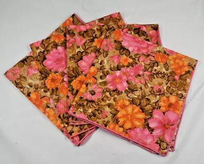 Vtg 1970s FLOWER NAPKINS 4 Table Cloth Napkins Orange Pink Floral Design 17  • $12.99
