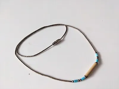 Native American Style Liquid Silver Metal Tube Necklace Turquoise Beads • £7.99