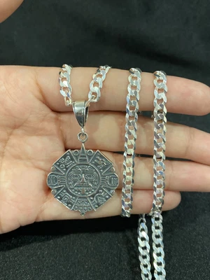$119.99 • Buy 925 Sterling Silver Mens Aztec Mayan Calendar Pendant & Curb Cuban Chain 26 