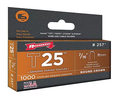 Arrow Fastener 257 T25 7/16-Inch 11mm Round Crown Staples 1000-Pack • $8.98