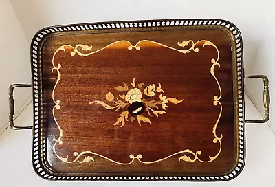 Italy Marquetry Serving Vanity Tray 15 X 12 Inch Brass Handles Inlaid MCM • $36