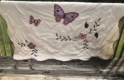 Vintage Butterfly Tan Pink Comforter With Scalloped Edges Full • $65