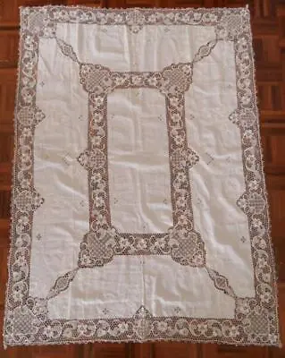 Vintage White Venetian Lace  Embroidered Linen Tablecloth Point De Venise • $189.80