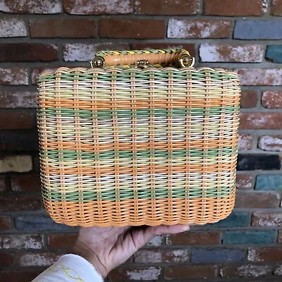 Vintage 1960s Exclusively By Lewis British Hong Kong Striped Woven Wicker Purse • $125