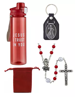 Chaplet Of Divine Mercy Jesus Gift Set Water Bottle Keychain Rosary &Red Case  • $19.99