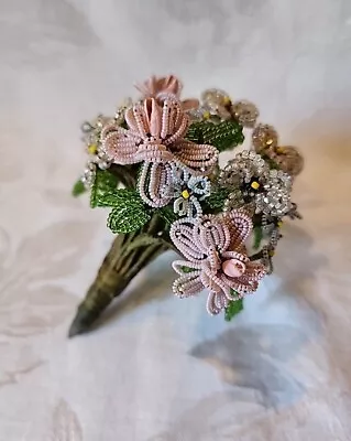 Vintage Glass Seed Bead Flower Bouquet White Pink Blue Yellow W/Green Leaves  • $38