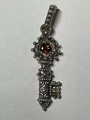 BARBARA BIXBY GARNET KEY STERLING SILVER & 18k NECKLACE ENHANCER PENDANT CHARM • $18.50