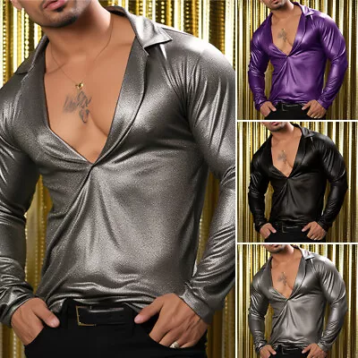 Fashion Mens Deep V-Neck Glitter Casual Loose Tops Party Night Club Shirt Blouse • $22.99