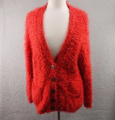 Anthropologie Moth Womens Sz Medium Emile Cardigan Red Fuzzy Wool Blend Sweater • $32.95