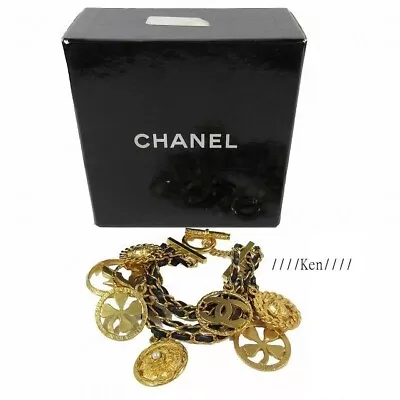 CHANEL Bracelet AUTH Coco Mark CC Chain Gold Logo Vintage Coin Medal Leather GP • $1900.99