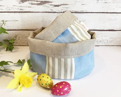 Handmade Fabric Storage Basket- Mary Berry Blue Beige Stripe Linen • £9.90