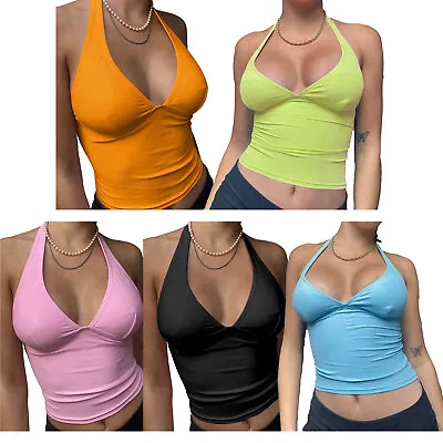 $7.69 • Buy Womens Tops Deep V Neck Halter Vest Blouse Sexy T-Shirt Solid Color Crop Top