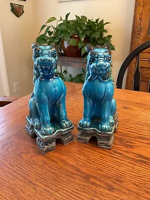 VTG 1970’s Chinese Turquoise Blue Porcelain Pair Of FOO DOG Figurines • $75