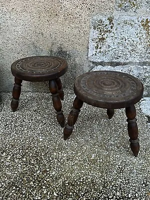 Matching Pair Of Antique French Rustic 3-legged Carved Button Seat Bobbin Stools • £155