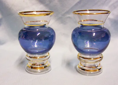 VASE Vintage Pair Beautiful Blue Clear Glass Vases With 5 Gold Rings/Trim  (A2) • $39.95