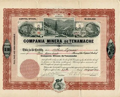 Compania Minera De Tenamache - Stock Certificate - Mexican Stocks & Bonds • $95