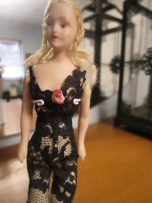 Miniature Dollhouse Doll 5 1/8  Porcelain Lady Doll In Black Lace - 81 • $24.95