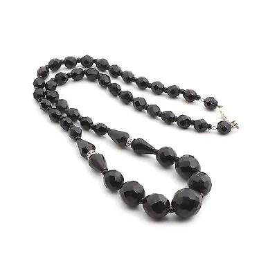 Vintage Czech Necklace Black Faceted Glass Beads • $35